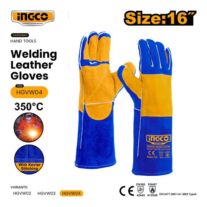 INGCO 14"/16" Leather Welding Gloves Heat Resistant Safety Work Gloves Heavy Duty Hand Protection Gear For Welders SOLD PER PIECE - HT2