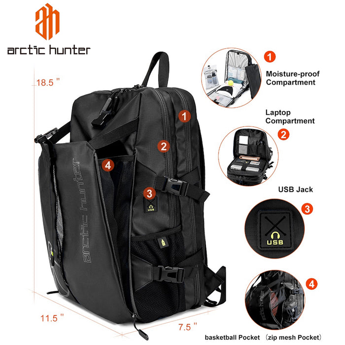 Arctic Hunter Sport & Laptop Backpack Bag | Light Weight | 15.6″ Laptop Fittable | Water Repellant Material - Black - B00391 - BUILDMATE-