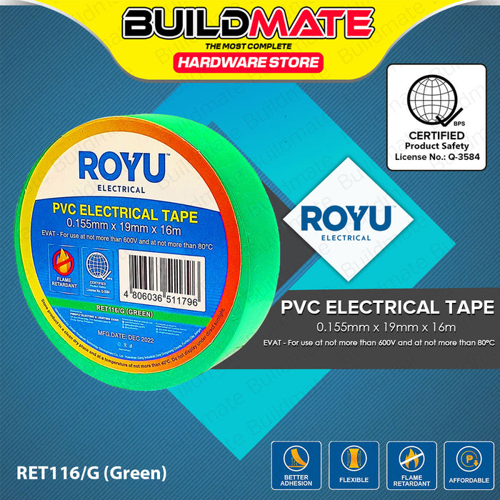 BUILDMATE Royu PVC Electrical Tape 0.155mmx19mmx16m Waterproof Insulation Wiring Flame Retardant Adhesive Repair Colored Insulating Electric Wire Tape SOLD PER PIECE