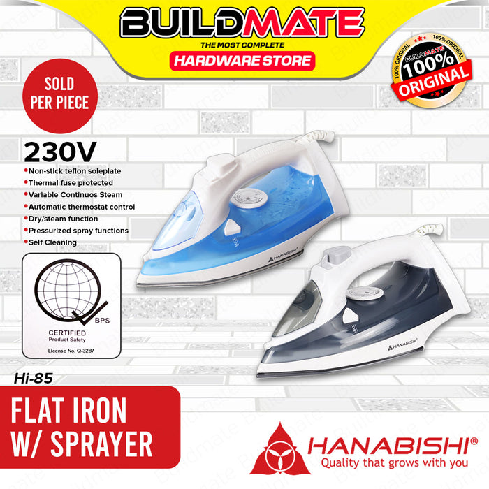 BUILDMATE Hanabishi Electric Flat Iron with Non-stick Soleplate and Dry Steam Function Blue Black Handheld Dry iron for Clothes HI-85 HI85