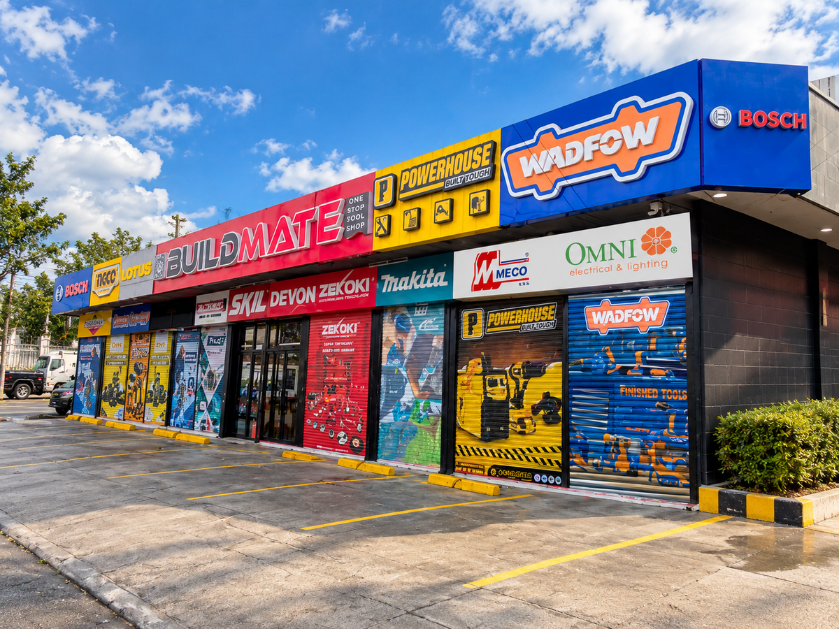 Buildmate hardware store front with partner brand signage