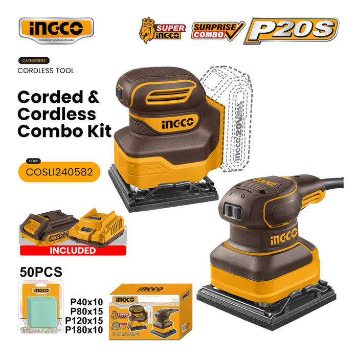 INGCO Cordless & Corded Combo Kit 20V Rechargeable Sheet & 240W Palm Sander For Wood & Metal COSLI240582 - ICPT