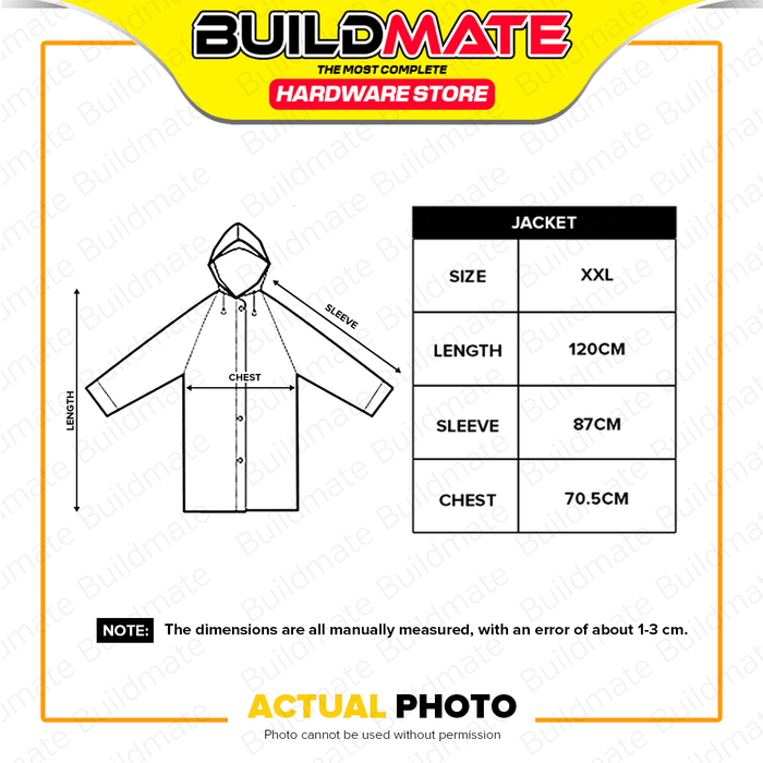 BUILDMATE Powerhouse Long Rain Coat XXL PVC Hooded Raincoat Waterproof Kapote With Adjustable Drawstring Rain Protection Suit Gear PH-RCOAT-LONG - PHHT