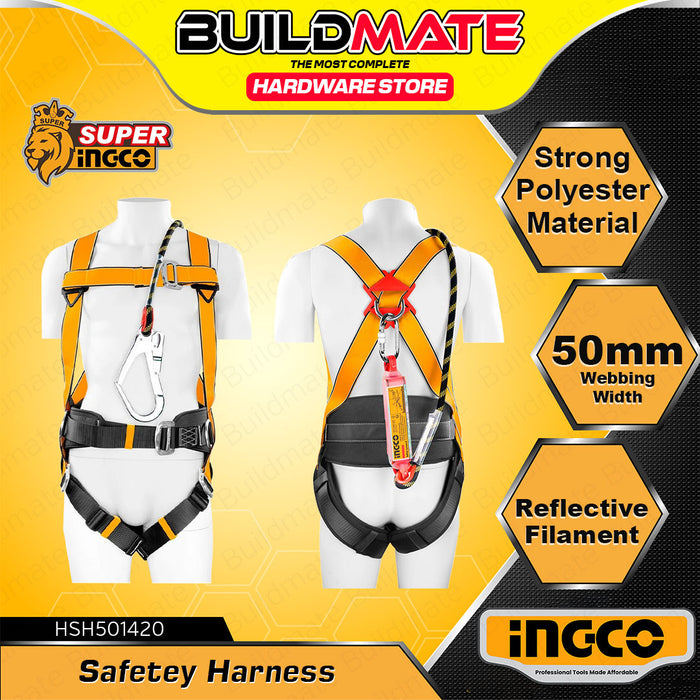 INGCO Full Body Safety Harness w/ Lanyard Fall Protection Belt Work Adjustable Positioning Gear for Construction & Climbing HSH501420 HT2 - BUILDMATE