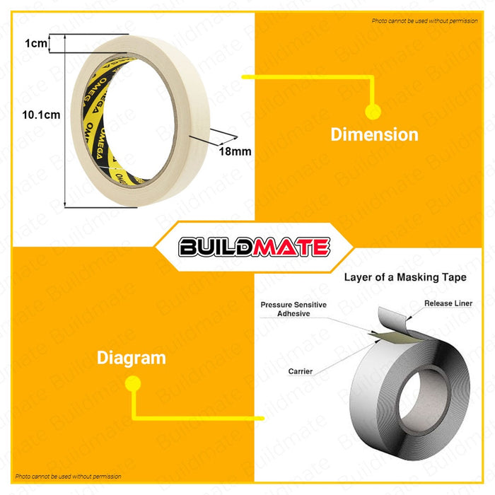 BUILDMATE Omega Masking Tape 1/2" - 1" Inch Adhesive Paper Painting Craft Tape for DIY Painting Project