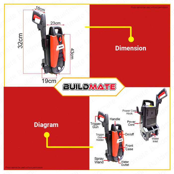 BUILDMATE Zekoki High Pressure Washer 1400W Car Wash Machine Water Power Spray Cleaner with Hose
