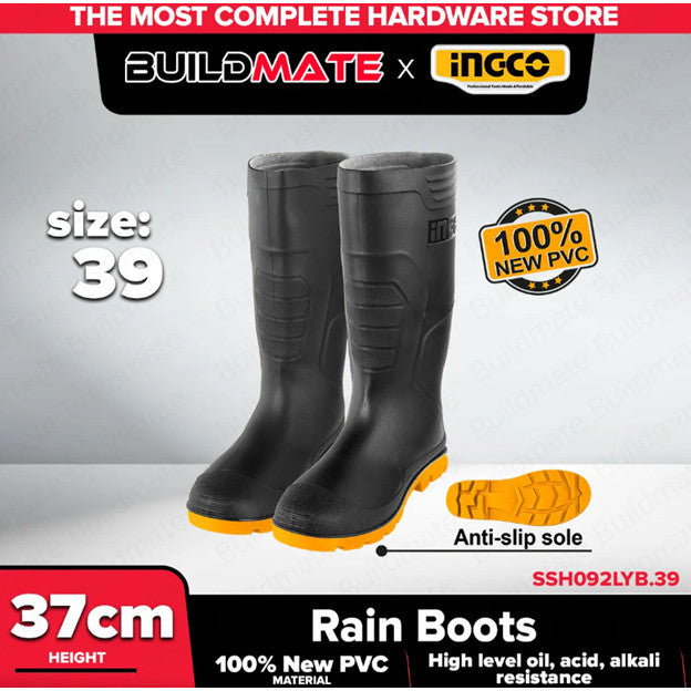 Buildmate x INGCO Rain Boots Virgin PVC | 37cm Height Anti-Slip Sole Durable Protective Footwear