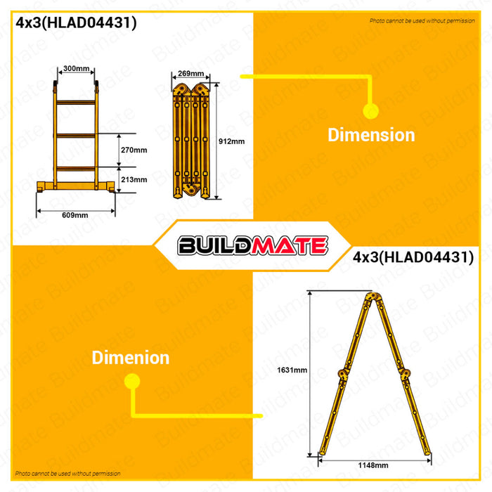 BUILDMATE Ingco Multi-Purpose Aluminum Folding Steps Ladder 150kg 4x3 | 4x4 Outdoor Climbing  • IHT