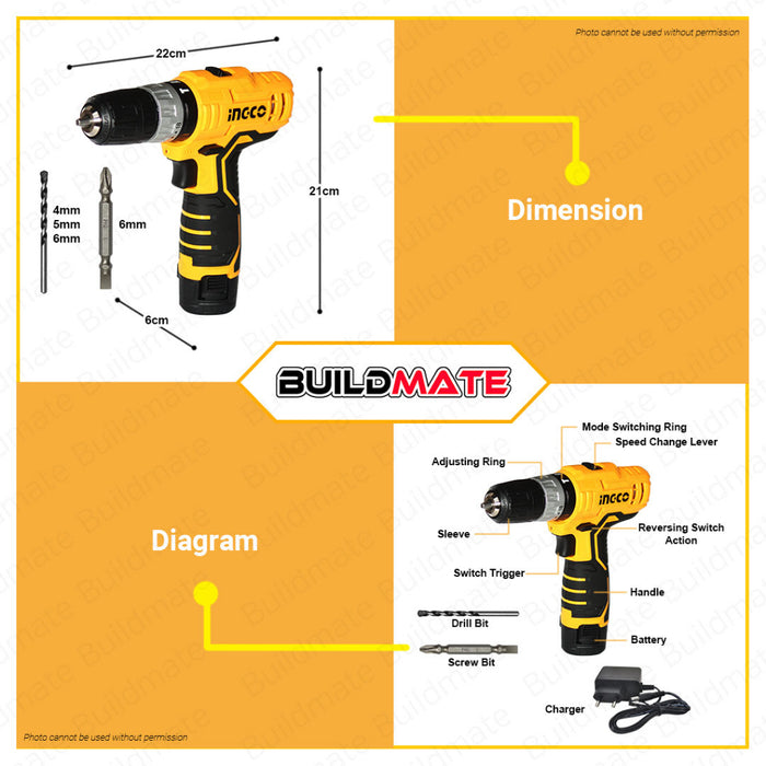 BUILDMATE Ingco Lithium-Ion Cordless 12V Impact Drill / Driver 20Nm Rechargeable Drilling Gun with Hammer Function - ICPT