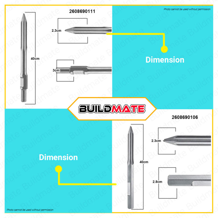 BUILDMATE Bosch (Star Point) RTec Pointed Chisel | SDS-Max Flat Chisel Hex Shank 280MM | 400MM • BAX