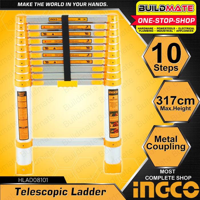 BUILDMATE Ingco Aluminum Telescopic Ladder Lifting Straight Climbing  6 | 8 | 10 STEPS 150kg • IHT