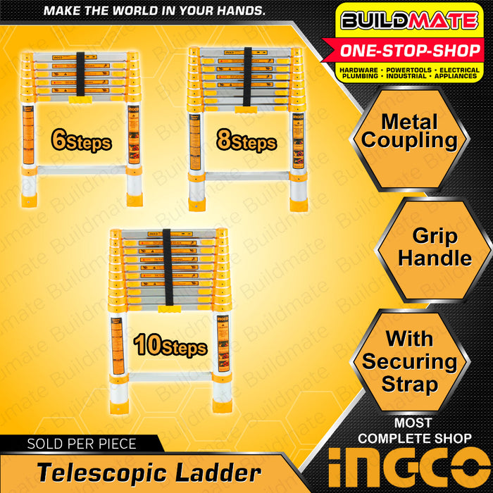 BUILDMATE Ingco Aluminum Telescopic Ladder Lifting Straight Climbing  6 | 8 | 10 STEPS 150kg • IHT