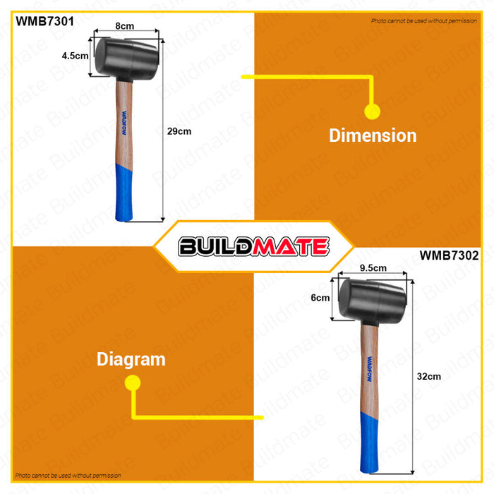 BUILDMATE Wadfow Rubber Mallet Hammer 8oz | 16oz Hardwood Handle Maso Martilyo Multifunctional • WHT