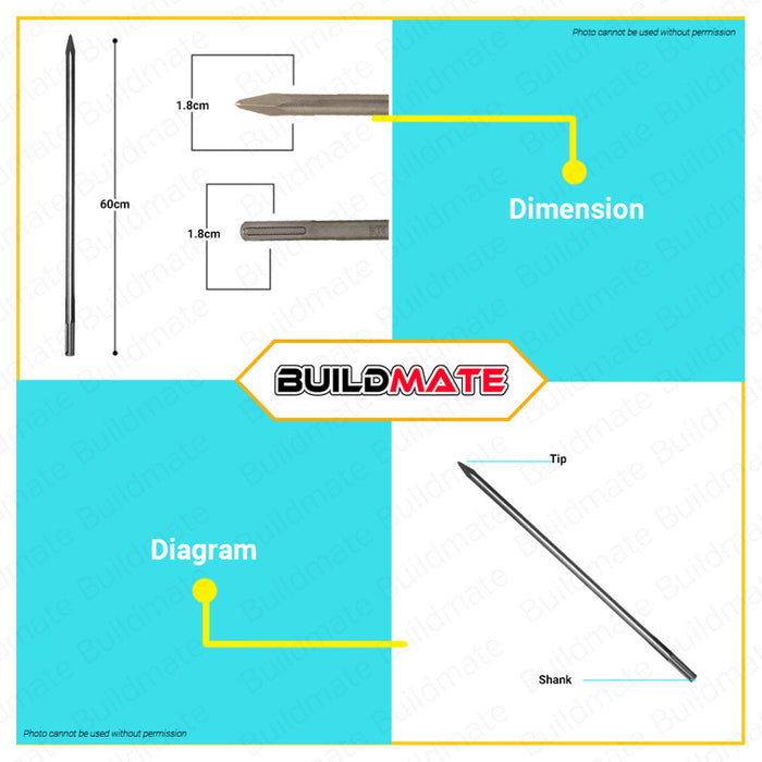 BUILDMATE Bosch SDS MAX Pointed Chisel 400MM | 600MM Demolition Concrete Breaker Chisel Rock • BAX