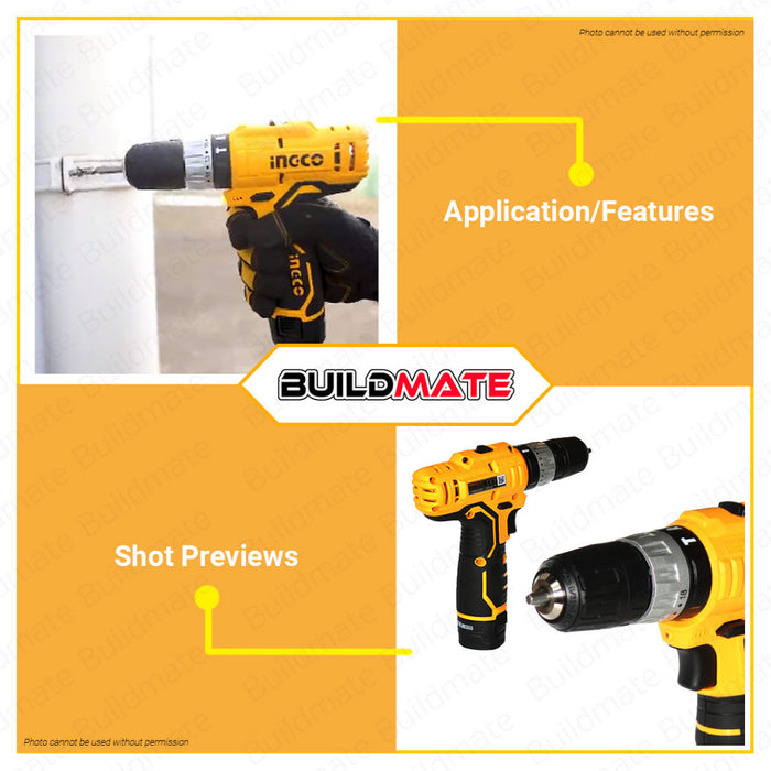 BUILDMATE Ingco Lithium-Ion Cordless 12V Impact Drill / Driver 20Nm Rechargeable Drilling Gun with Hammer Function - ICPT