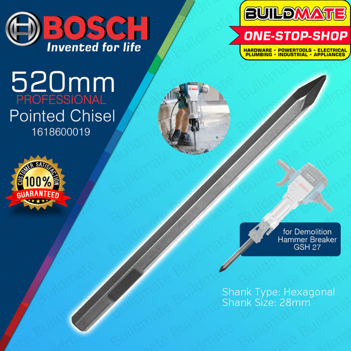 BUILDMATE Bosch Pointed Chisel | Flat Chisel Hex Shank 520MM Concrete Breaker Chisel Rock Chisel BAX