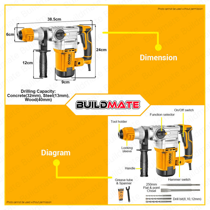 BUILDMATE Ingco Rotary Hammer Drill 1050W / 1500W SDS Plus Chuck Chipping Gun Jack Drilling Machine Electric Demolition Concrete Breaker Hammer - IPT