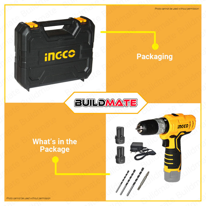 BUILDMATE Ingco Lithium-Ion Cordless 12V Impact Drill / Driver 20Nm Rechargeable Drilling Gun with Hammer Function - ICPT