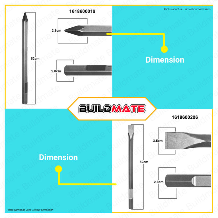 BUILDMATE Bosch Pointed Chisel | Flat Chisel Hex Shank 520MM Concrete Breaker Chisel Rock Chisel BAX