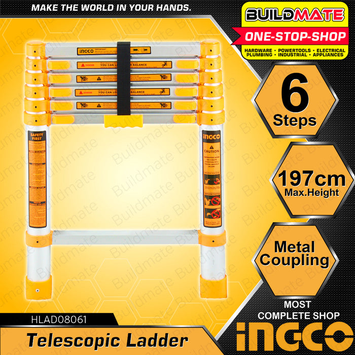 BUILDMATE Ingco Aluminum Telescopic Ladder Lifting Straight Climbing  6 | 8 | 10 STEPS 150kg • IHT