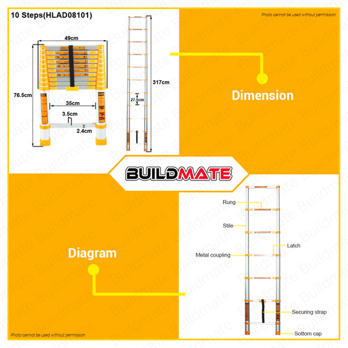 BUILDMATE Ingco Aluminum Telescopic Ladder Lifting Straight Climbing  6 | 8 | 10 STEPS 150kg • IHT