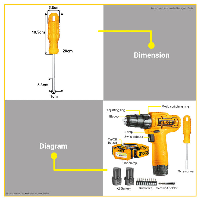 INGCO Lithium Ion Cordless Drill 12V 10mm CDLI12415 | with Led Headlamp Bits Set IPX