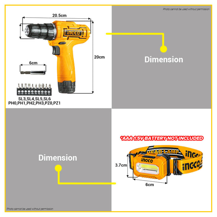 INGCO Lithium Ion Cordless Drill 12V 10mm CDLI12415 | with Led Headlamp Bits Set IPX