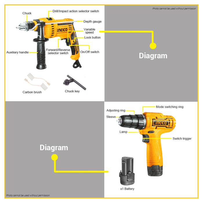 INGCO Lithium Ion Cordless Drill 12V 10mm CDLI12415 | with Led Headlamp Bits Set IPX