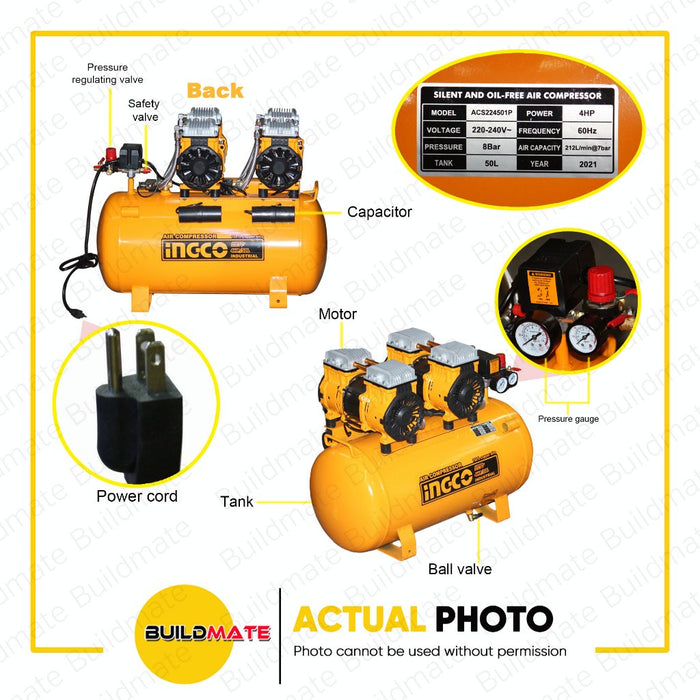 BUILDMATE Ingco Air Compressor 4HP SUPER SELECT Oil Less Auto Tire Pump Car Inflator ACS224501P IPT