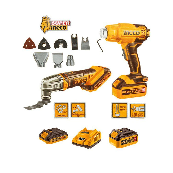 BUILDMATE Ingco 2PCS/SET Lithium-Ion Cordless Heat Gun with Oscillating Multi-Tool Combo Kit COSLI230703 - IPX