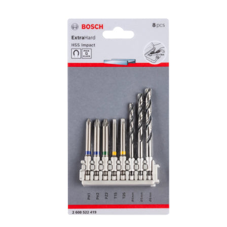 BUILDMATE Bosch 8PCS 65mm Extra Hard Pick and Click Screwdriver Bits & HSS PoinTeQ Drill Bit Set BAX