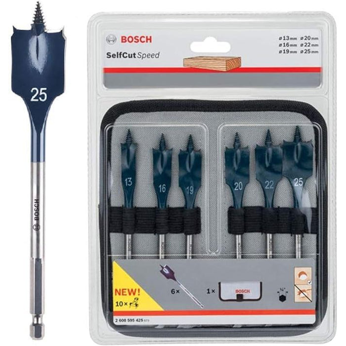 BUILDMATE Bosch 6PCS Self Cut Speed Spade Bit Set Flat Roll-up Wrap 13mm - 25mm 1/4" Hex Shank - BAX