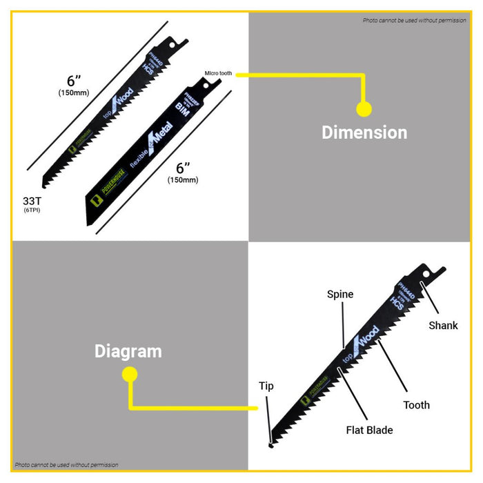 BUILDMATE Powerhouse 2PCS/SET 6" Inch Reciprocating Saw Blade Flexible for Metal / Top for Wood PTAA