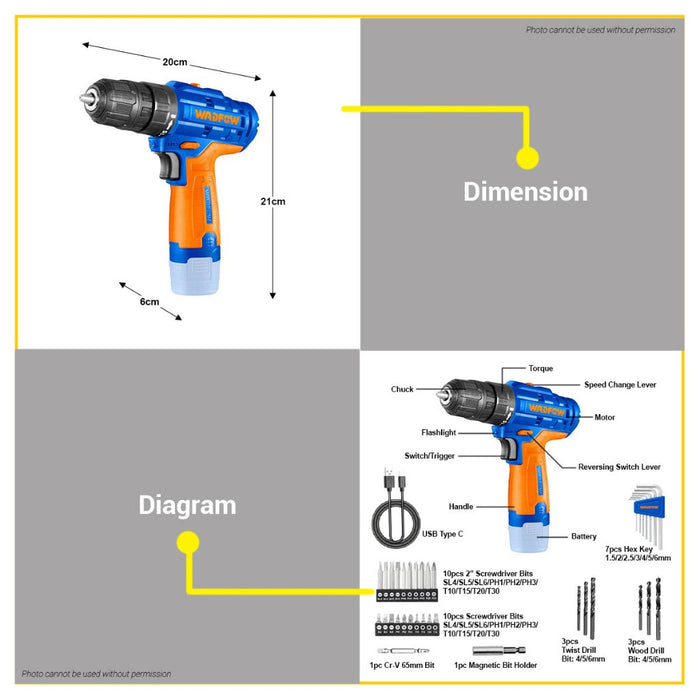 BUILDMATE Wadfow Lithium-Ion Cordless Drill Driver 12V 2-Speed Mechanical Gear Drilling Gun with Battery WCDS525 - WCPT