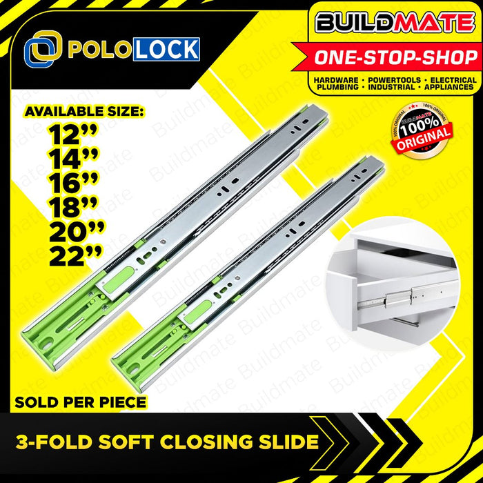POLOLOCK 3-FOLD Stainless Soft Closing Drawer Slide Guide Ball Bearing 12-22" Inch PL88028 •BUILDMATE•