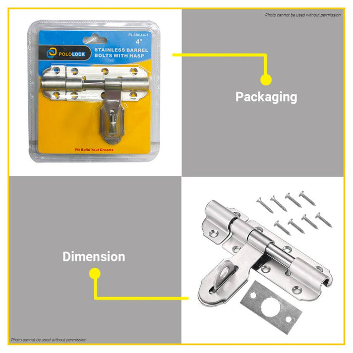 BUILDMATE Pololock Stainless Barrel Bolt with Hasp & Screw 1" | 2" Inch Anti-Theft Door Lock PL88044
