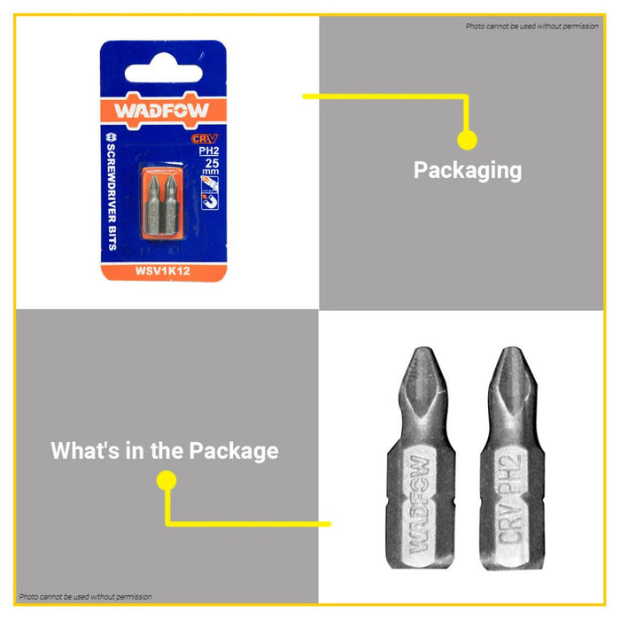 BUILDMATE Wadfow 2pcs Screwdriver Bits Set 25mm PH2 / PZ2 Anti-Slip Phillips Pozidriv Screw Bit Cross Slot Driver WSV1K12 / WSV1K32 - WHT