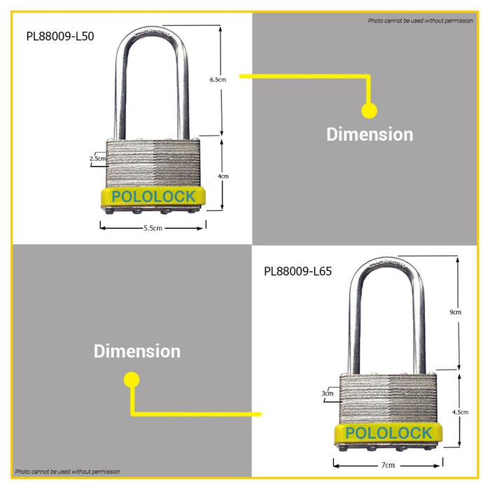 BUILDMATE Pololock Laminated Padlock Long Shackle 30MM - 65MM Solid Brass Keyed Wide Lock PL88009