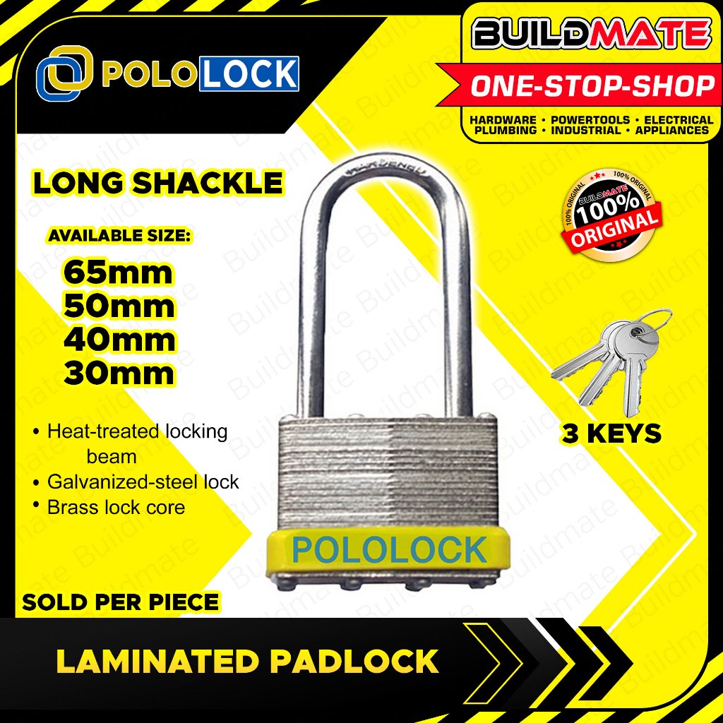 BUILDMATE Pololock Laminated Padlock Long Shackle 30MM - 65MM Solid Br ...