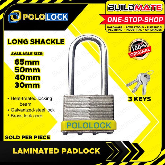 BUILDMATE Pololock Laminated Padlock Long Shackle 30MM - 65MM Solid Brass Keyed Wide Lock PL88009
