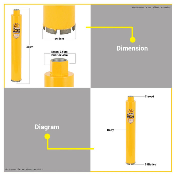BUILDMATE Ingco Diamond Core Bit 65MM | 102MM | 152MM Wet and Dry Cutting Concrete with Rebar • IHT