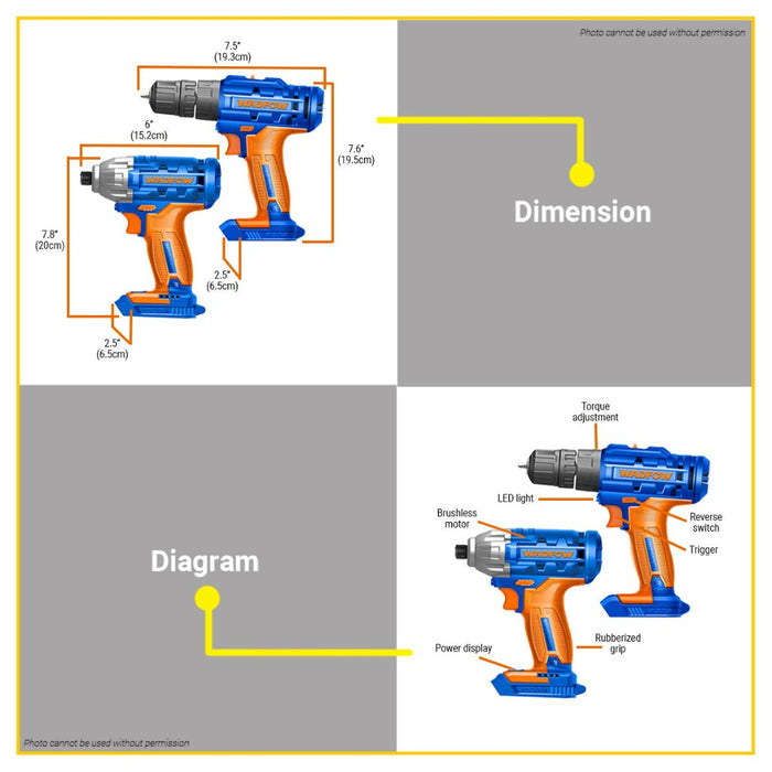 BUILDMATE Wadfow 2PCS/SET Lithium-Ion Cordless Combo Kit Cordless Drill &amp; Impact Driver Brushless Motor WCK2016 WCPT