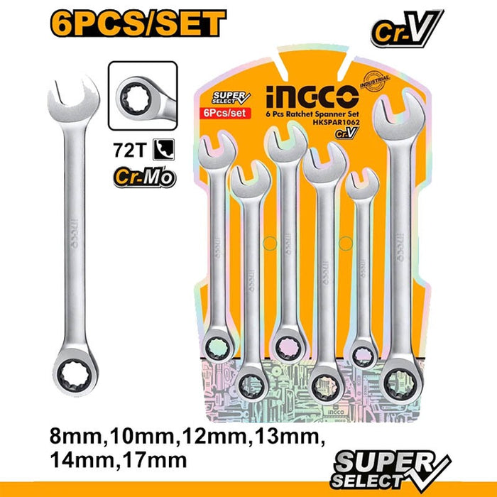 BUILDMATE Ingco 6PCS/SET 8-17MM Ratchet Spanner Fine Polish Industrial Ratchet Set HKSPAR1062 - IHT