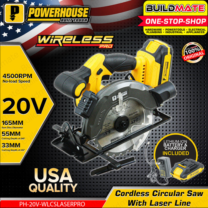 BUILDMATE Powerhouse 20V Cordless Circular Saw Wood Cutter with 2.0Ah Li-Ion Battery Laser Line Guide Cutting Machine Woodworking Power Tools PH-20V-WLCSLASERPRO - PHPT
