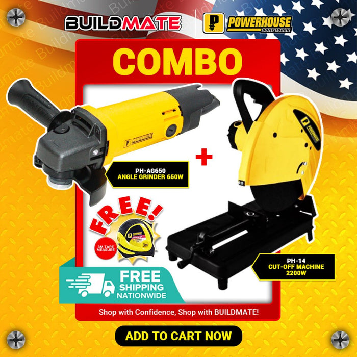 (COMBO) BUILDMATE Powerhouse Cut Off Machine Chop Saw 14" 2200W 3HP with Angle Grinder 650W AG650