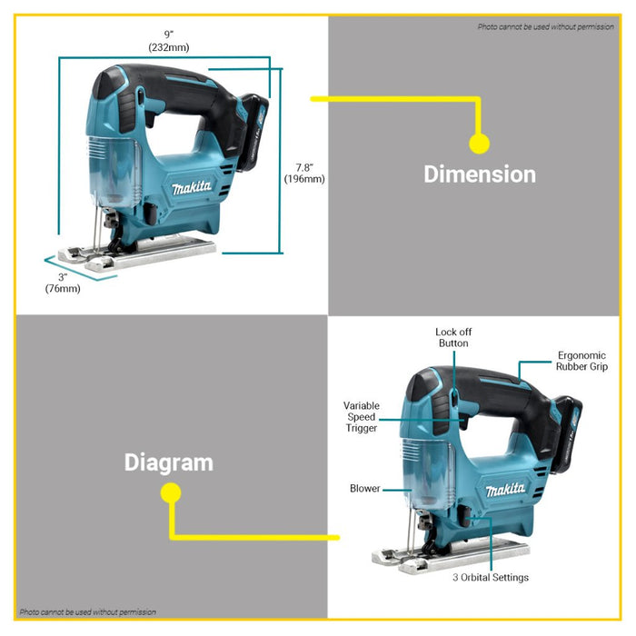 BUILDMATE Makita 12V 18mm Max Lithium-Ion Cordless Jigsaw Kit Set Variable Speed JV101DWYE