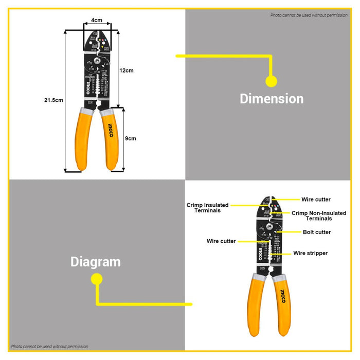 BUILDMATE Ingco Wire Stripper 8.5" Inch Crimper Stripping Cutting Pliers Hand Tool HWSP851 - IHT