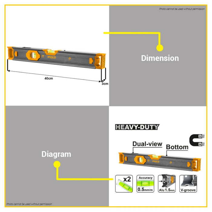 BUILDMATE Ingco 40CM Spirit Level with Powerful Magnets Double Side Milled Aluminum Bubble Leveler Measuring Leveling Tool HSL68040 - IHT