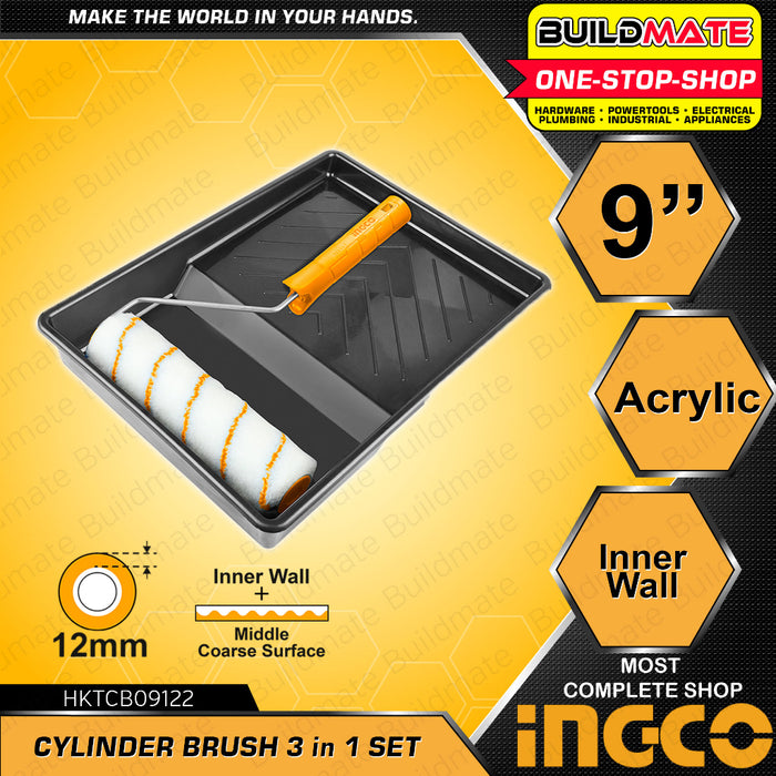 BUILDMATE Ingco 3 IN 1 Cylinder Brush Set 9" Acrylic Paint Roller Brush Tray Inner Wall Painting IHT