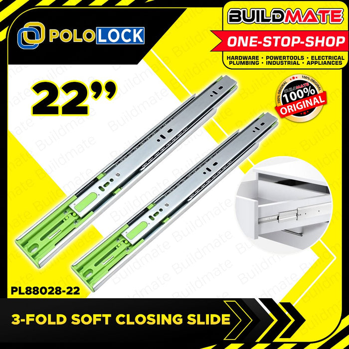 POLOLOCK 3-FOLD Stainless Soft Closing Drawer Slide Guide Ball Bearing 12-22" Inch PL88028 •BUILDMATE•